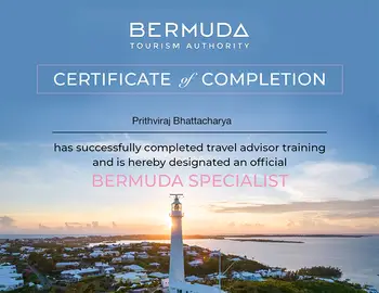 Bermuda Specialist certificate issued to Prithviraj Bhattacharya by the Bermuda Tourism Authority